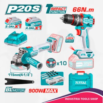 COMBO TALADRO 66NM + AMOLADORA 115M + ACCESORIOS 1X2.0AH + 1X4.0AH MALETIN INDUSTRIAL