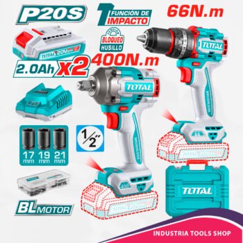 COMBO TALADRO PERCUTOR 66 N.M + LLAVE DE IMPACTO 400N.M 20V + ACC 2X2.0AH MALETIN INDUSTRIAL