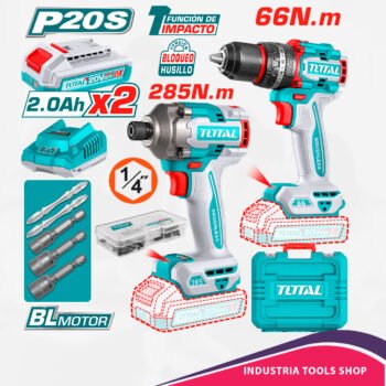 COMBO TALADRO PERCUTOR 66 N.M + ATORNILLADOR IMPACTO 285N.M 20V + ACC 2X2.0AH MALETIN INDUSTRIAL