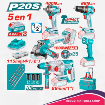 COMBO 20V (5 EN 1) TALADRO + LLAVE + AMOLADORA + ROTOMARTILLO + LINTERNA 2X4.0AH INDUSTRIAL