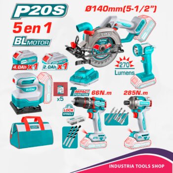 COMBO TALADRO+LLAVE IMPACTO + SIERRA+ LINTERNA + LIJADORA 20V 2.0AH + 4.0AH 5 EN 1 INDUSTRIAL