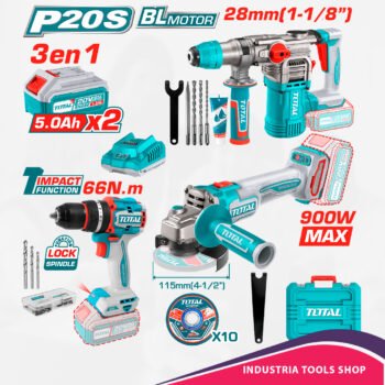 COMBO TALADRO + ROTOMARTILLO + AMOLADORA 2X5.0AH + ACCESSORIOS INDUSTRIAL