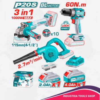 COMBO TALADRO 60NM + AMOLADORA 1000W + SOPLADORA 1X2.0AH + 1X4.0AH + ACC INDUSTRIAL