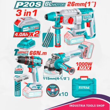 COMBO TALADRO 66NM + AMOLADORA 1000W + ROTOMARTILLO 26MM 2X4.0AH + ACC INDUSTRIAL