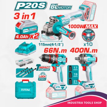 COMBO 20V AMOLADORA + TALADRO + LLAVE IMPACTO 2X4.0AH + MALETIN INDUSTRIAL EDIC.LIMITADA