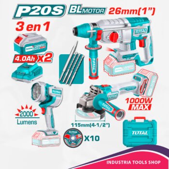 COMBO 3 EN 1 ROTOMARTILLO 26MM + AMOLADORA 1000W + LINTERNA 2X4.0AH + ACC MALETIN INDUSTRIAL