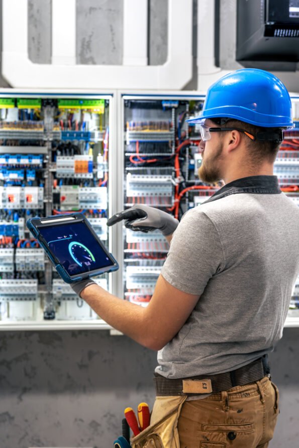 el electricista revisa los datos analisis tecnico con tableta diagnostico digital