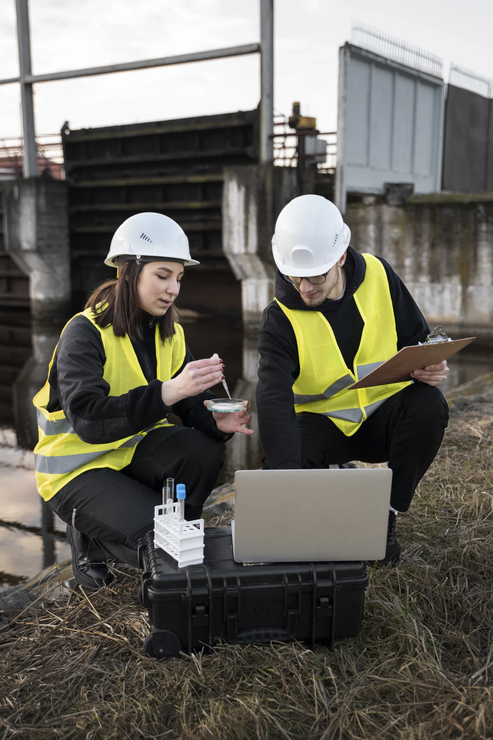 ingenieros sonrientes de tiro completo con computadora portatil al aire libre scaled