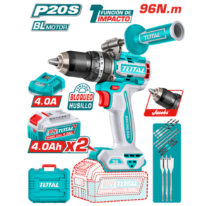 TALADRO PERCUTOR LI-ION 20V 96NM 13MM 2x4.0AH BRUSHLESS +ACC MALETIN