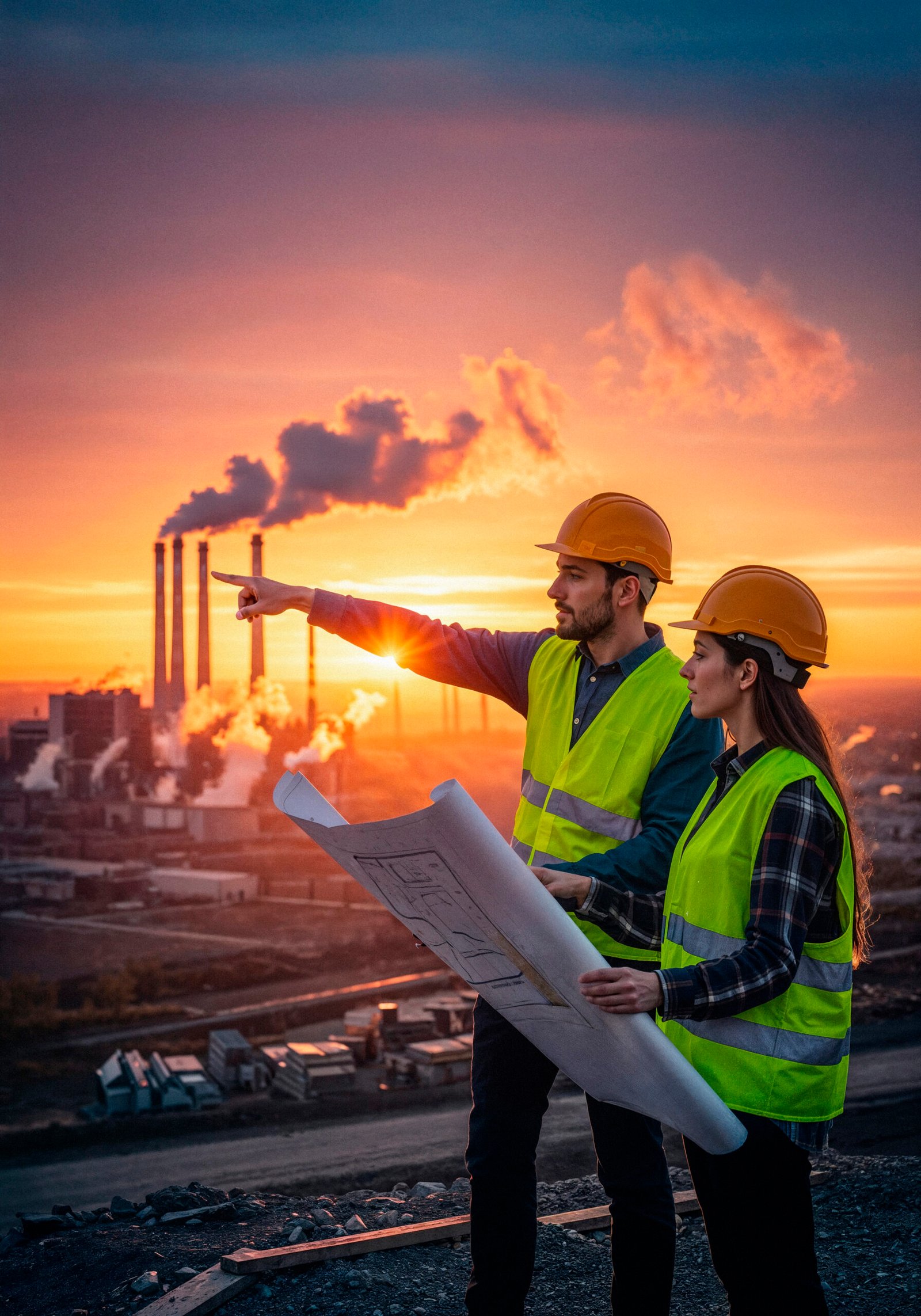 engineers inspecting industrial site sunset scaled